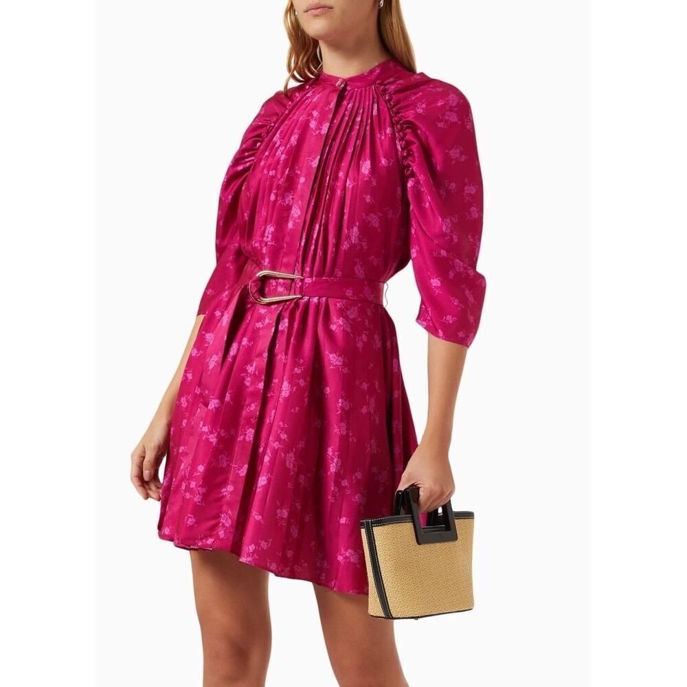 Acler Pink Pleated Mini Dress Ruched Sleeves Belted Satin Floral US 2